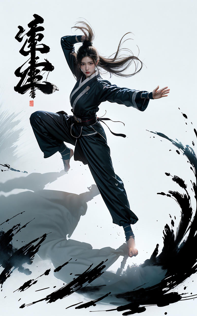 606247209521969554-1429442933-martial, 1girl, solo, simple background, outstretched arm，_ustration style, Chinese martial arts war scenes, chinese ink style,.jpg